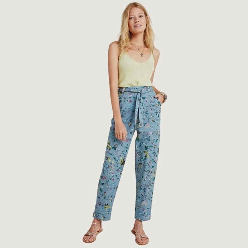 Anthropologie Victoria Floral Cargo Utility Pants Women 4 Blue Cotton Lyocell